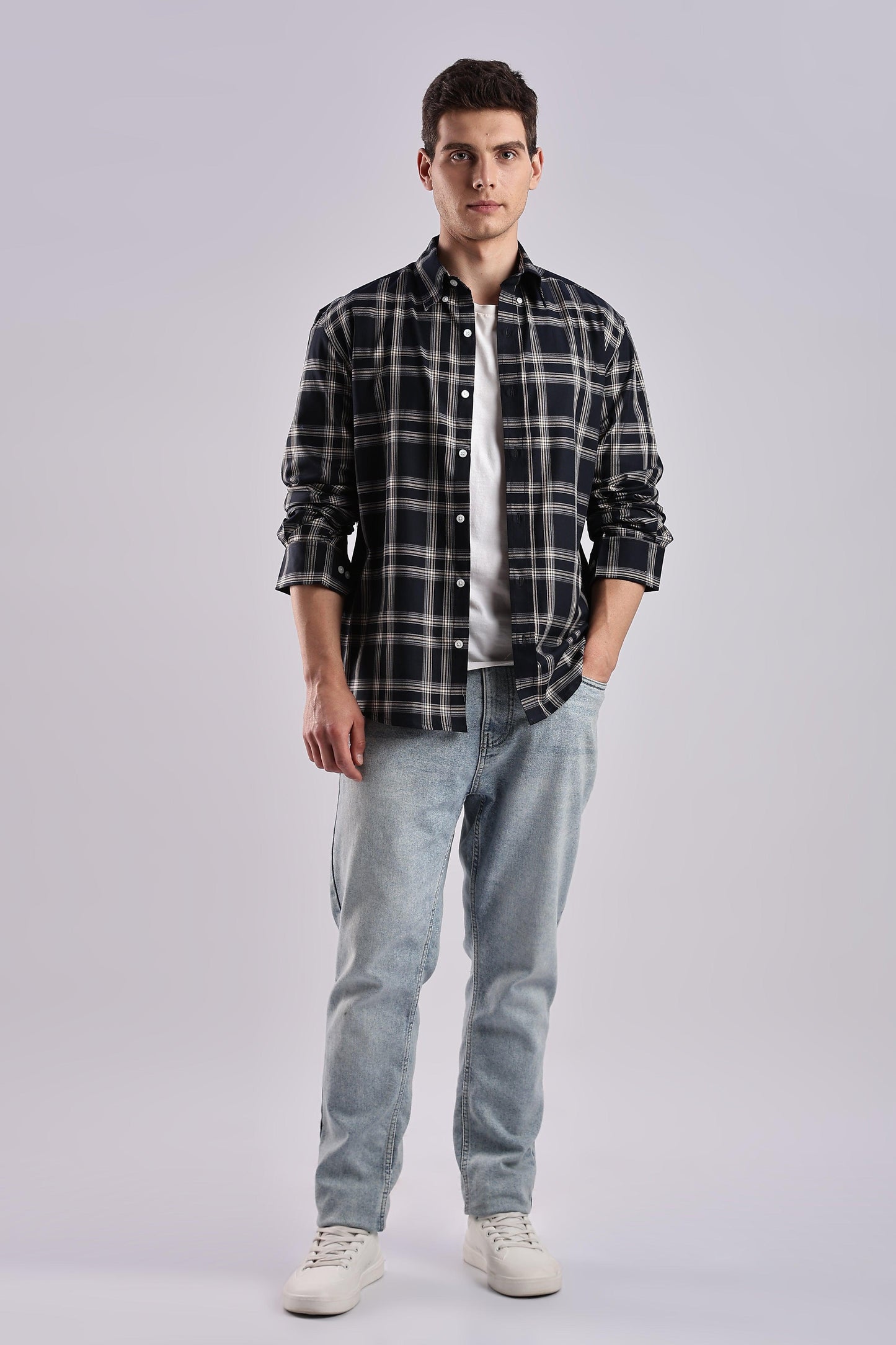 Navy Checked Twill Shirt - Weaverbird-Creating Your Dream Attire
