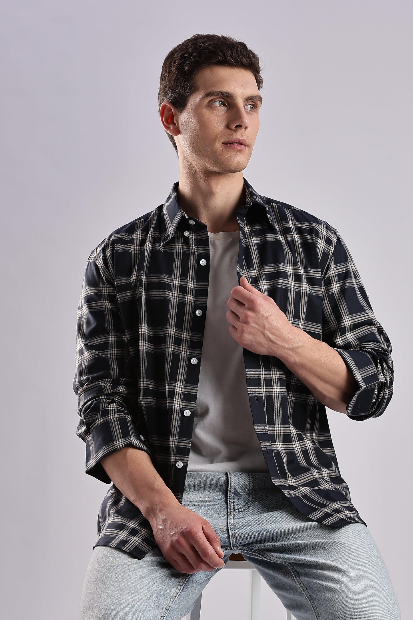 Navy Checked Twill Shirt - Weaverbird-Creating Your Dream Attire