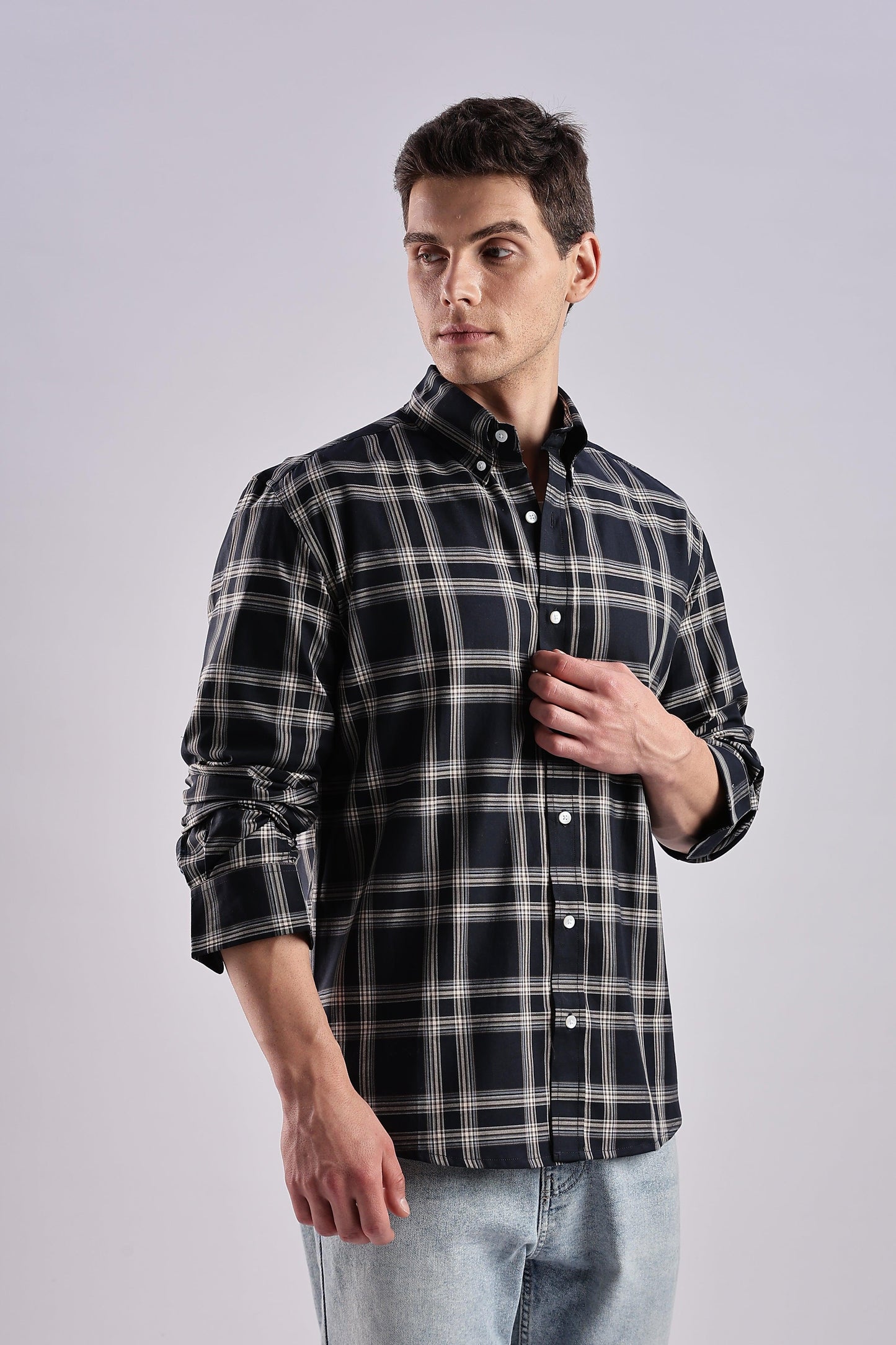 Navy Checked Twill Shirt - Weaverbird-Creating Your Dream Attire
