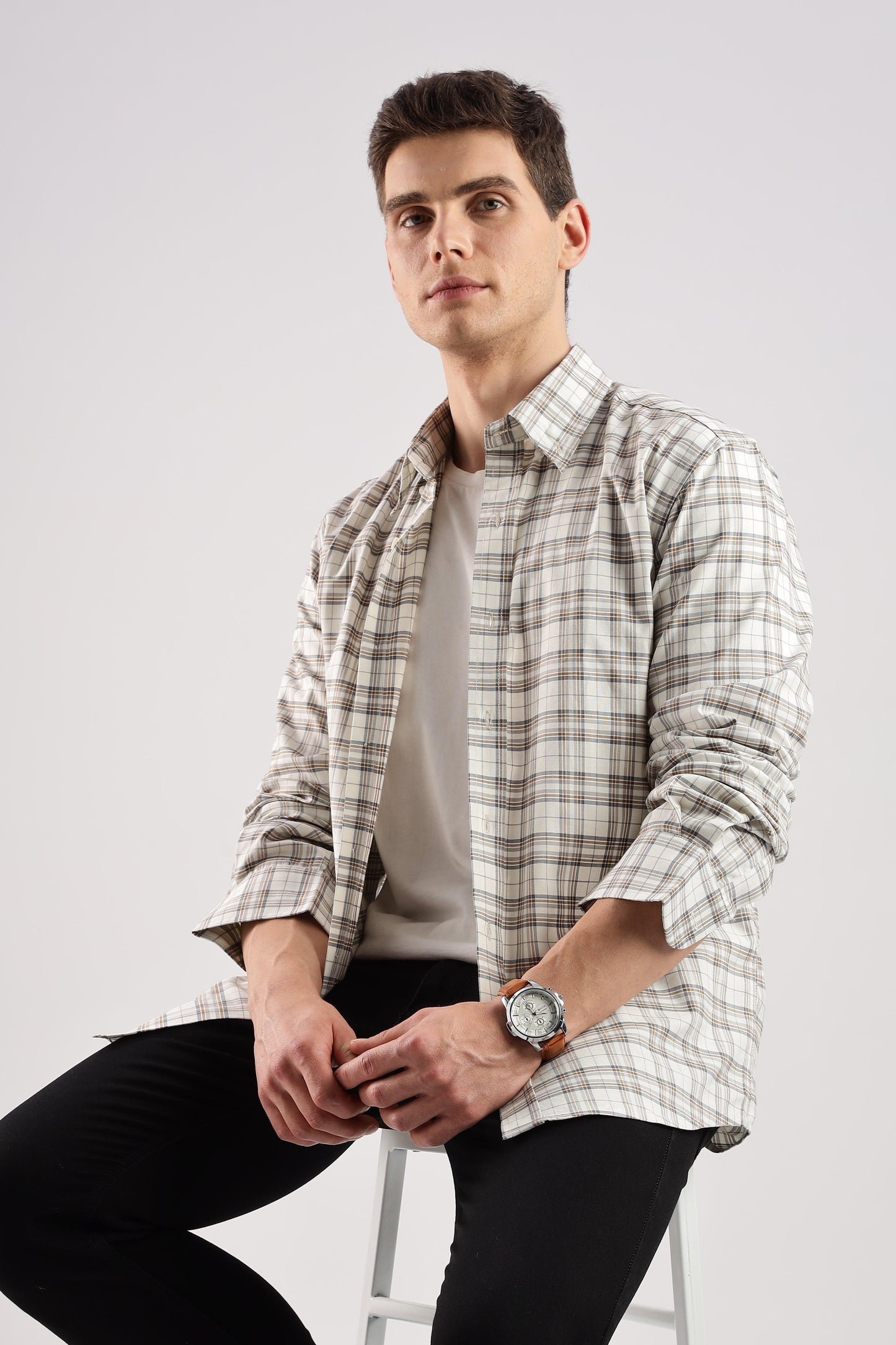 Beige Checked Oxford Shirt