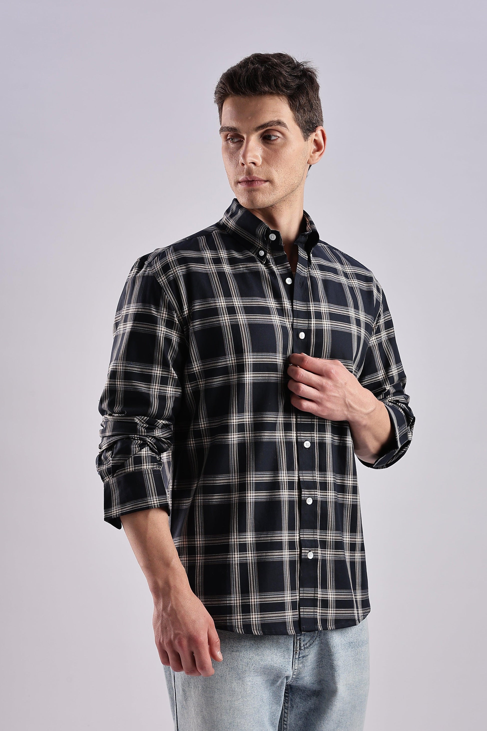 Navy Checked Twill Shirt - Weaverbird-Creating Your Dream Attire